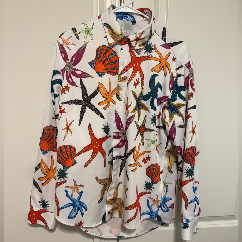 Colorful Starfish and Shell Print Silk Shirt